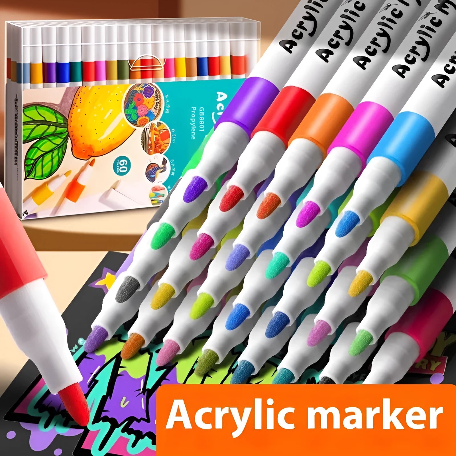 Set of acrylic marker pens in multiple colours for student drawing and painting projects