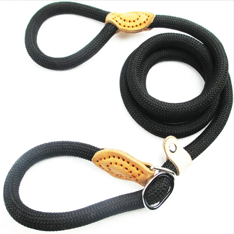Brown nylon dog leash with chain section and rope handle, 2.1 metres long