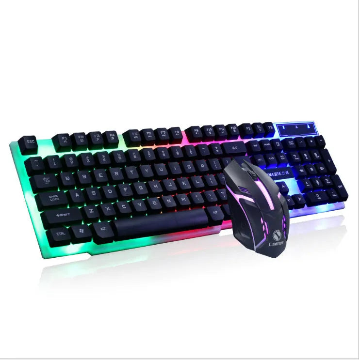 Limei Gtx300 mechanical gaming keyboard and mouse set with backlit 104-key keyboard on desktop