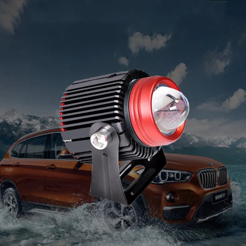 Small steel cannon 30W dual-color LED spotlight with red housing, copper heat strip, and fan, for motorcycle car SUV