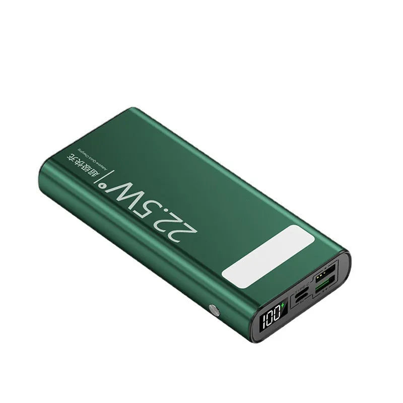 Alloy shell power bank showing LCD display, available in black, blue, green, and red colours.