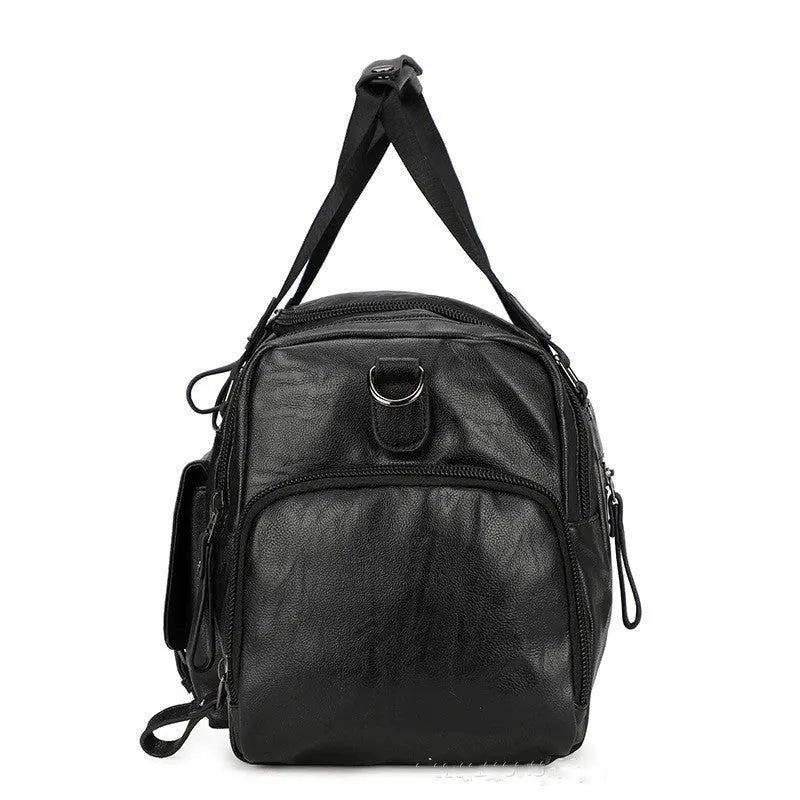 Large black travel bag with a separate shoe compartment, showing its size and durable PU fabric construction.