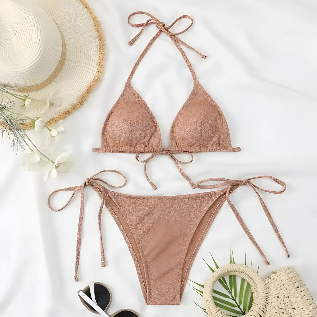 Women's split bandage style bikini swimsuit in polyester, shown in one of six available colours.