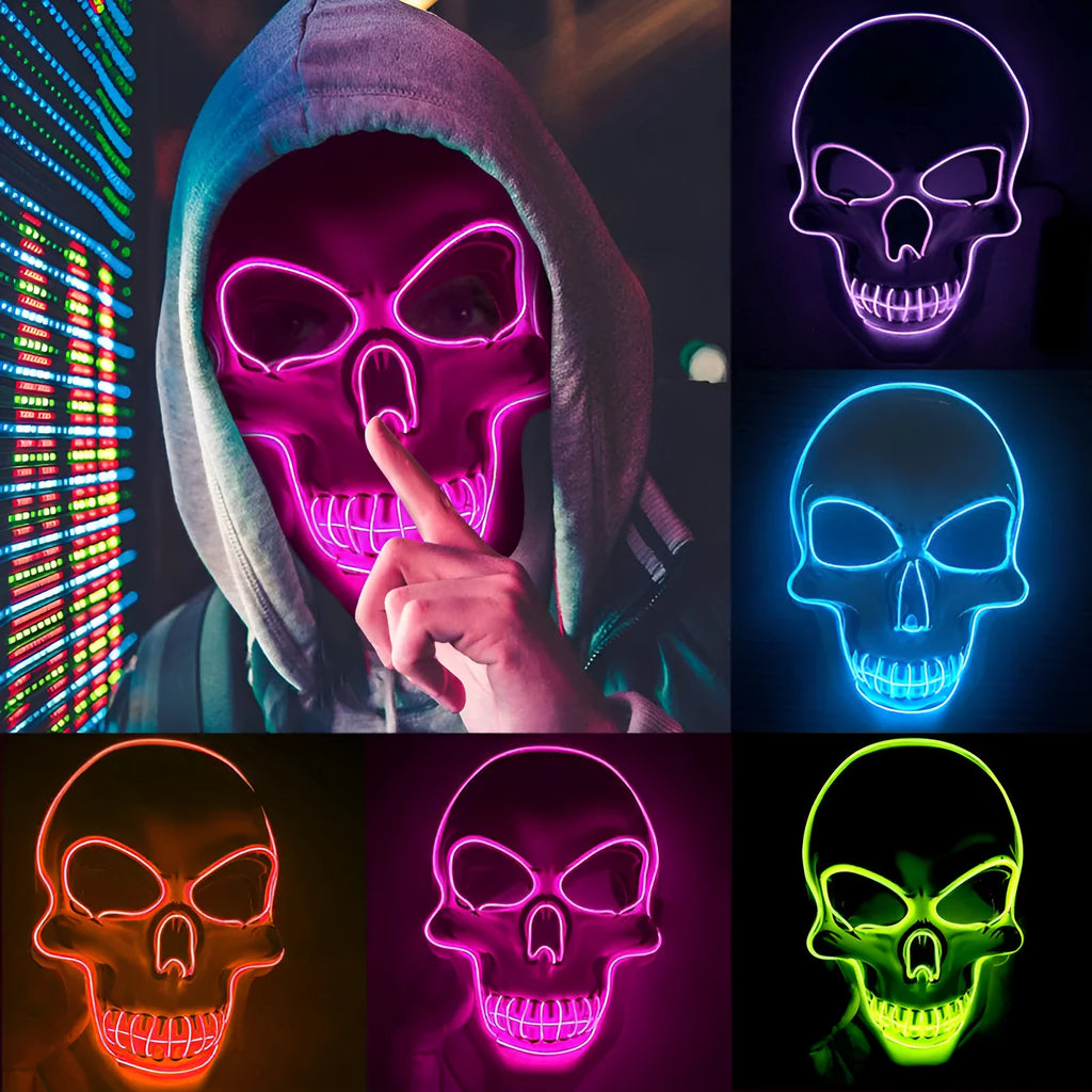 Halloween LED skeleton mask with glow light modes in blue colour, plastic construction, 23 by 18 cm