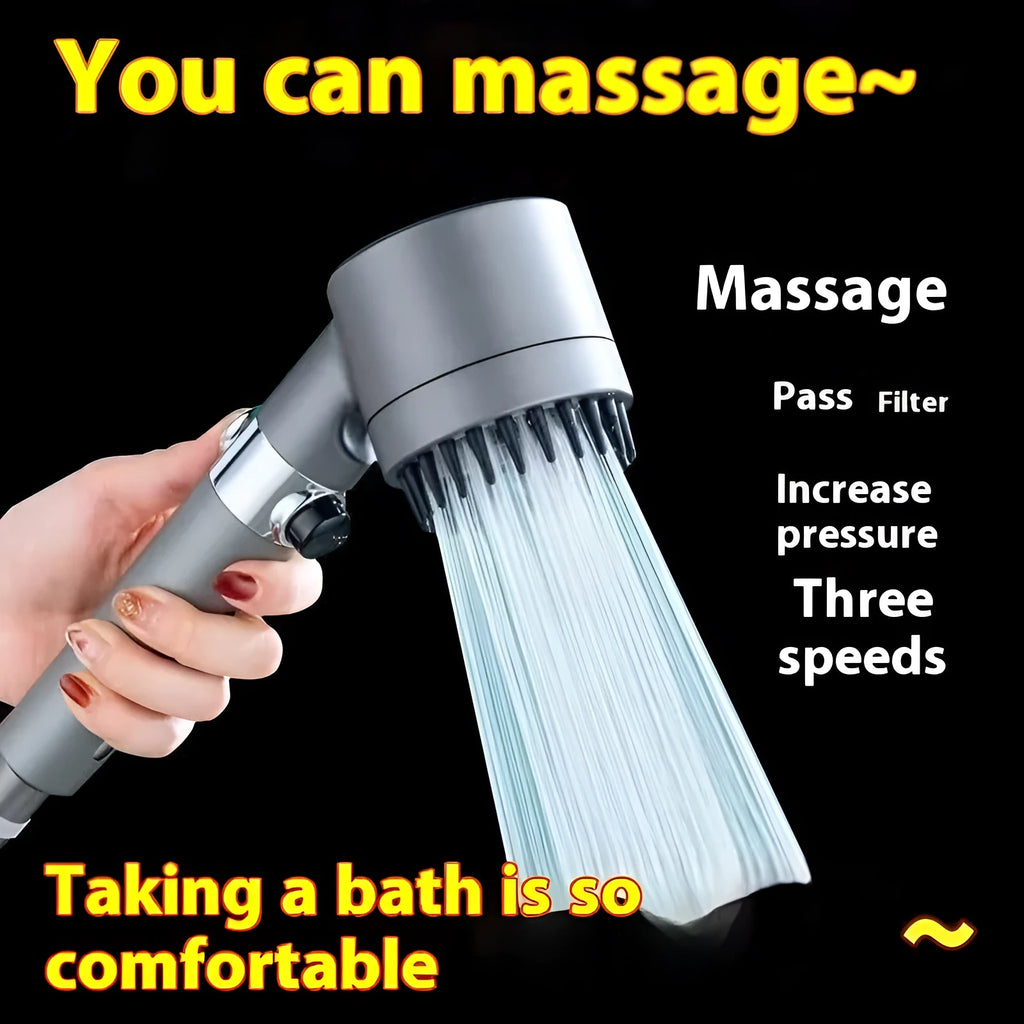 Portable ABS plastic shower head with third gear adjustment dial showing spray massage and rainfall settings