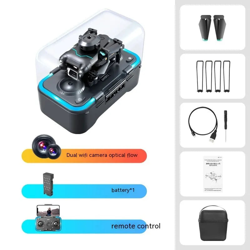 Black quadcopter drone with obstacle avoidance sensors and dual camera configuration for aerial photography