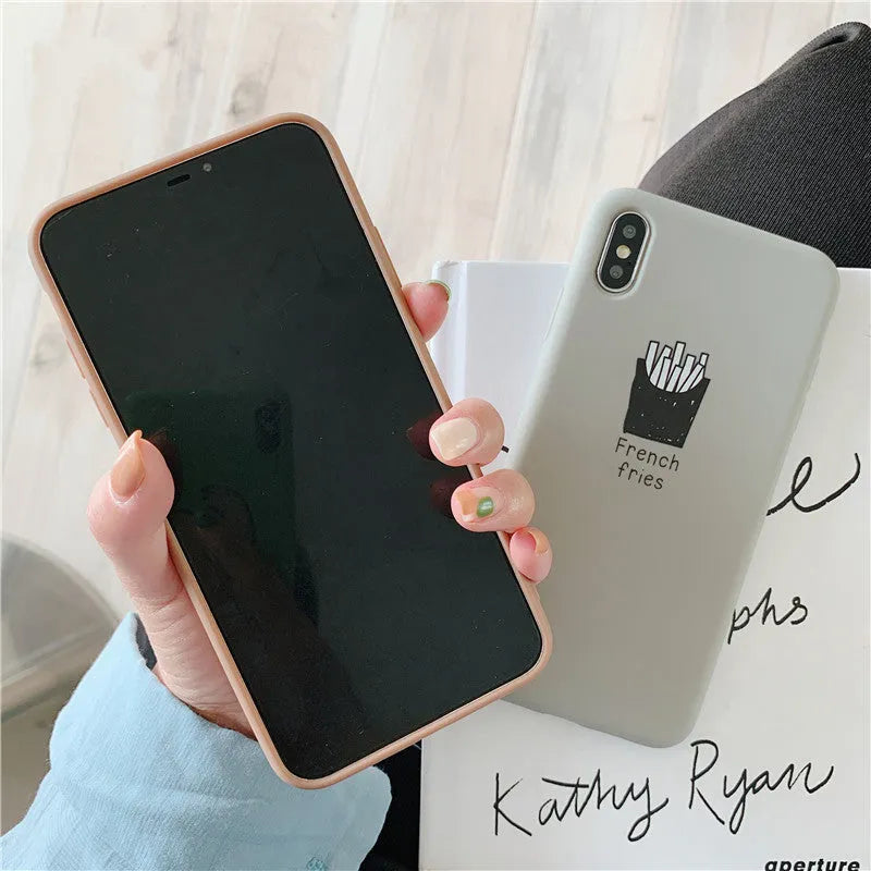 Soft matte silicone phone case for iPhone with ice coffee and french fries couple patterns
