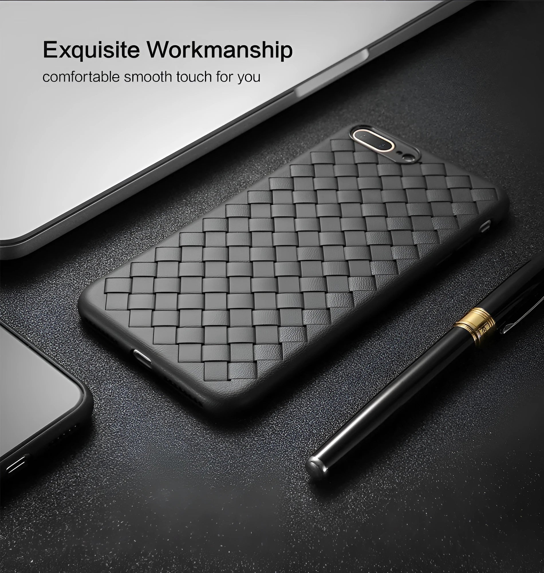 Luxury grid weaving pattern iPhone case in TPU with hollow cooling design and raised protective edges