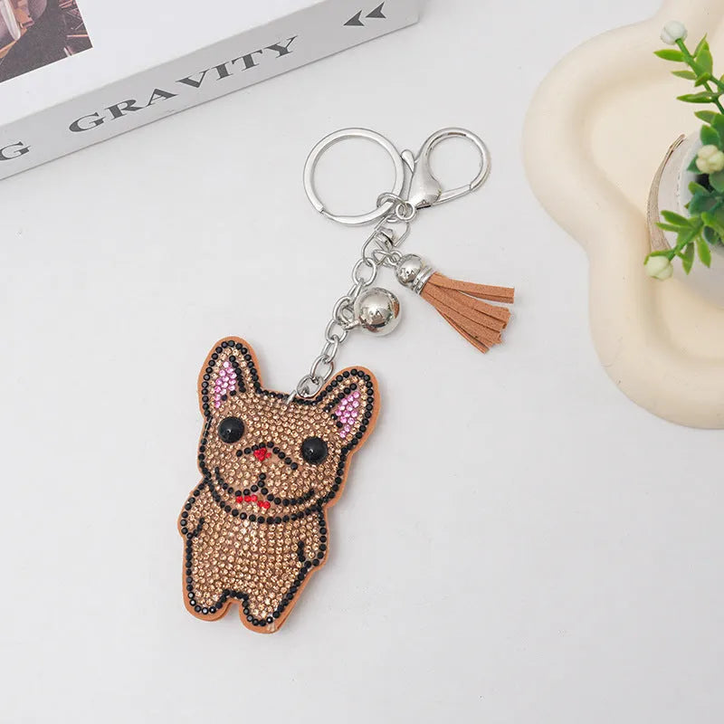 French dog rhinestone keychain with cartoon bear design in electroplated alloy