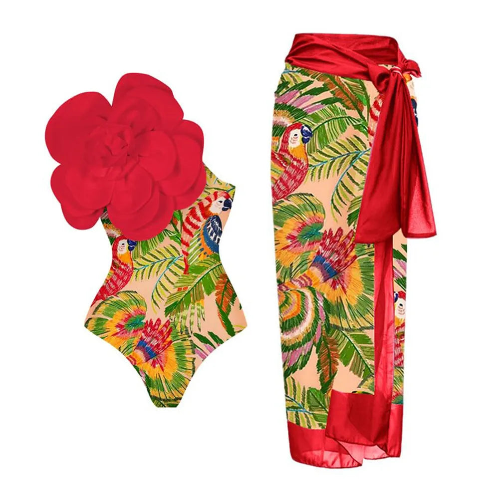 Women's solid colour one-piece swimsuit with three-dimensional flower design.