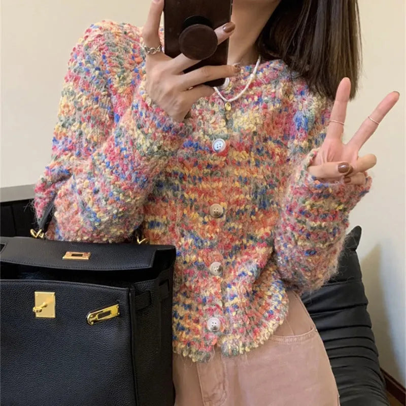 Gentle Idle Style Knitted Rainbow Sweater cardigan in pink or green colour with toothbrush hair fabric