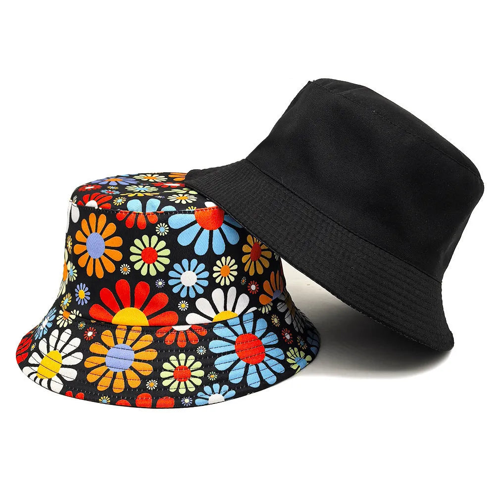 Colourful floral print polyester bucket sun hat with a dome crown, shown on a white background.