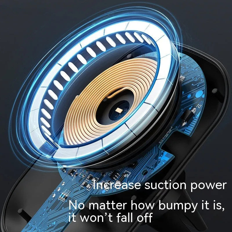 CH-707 magnetic car wireless charger in black with air vent and centre control mounting bases