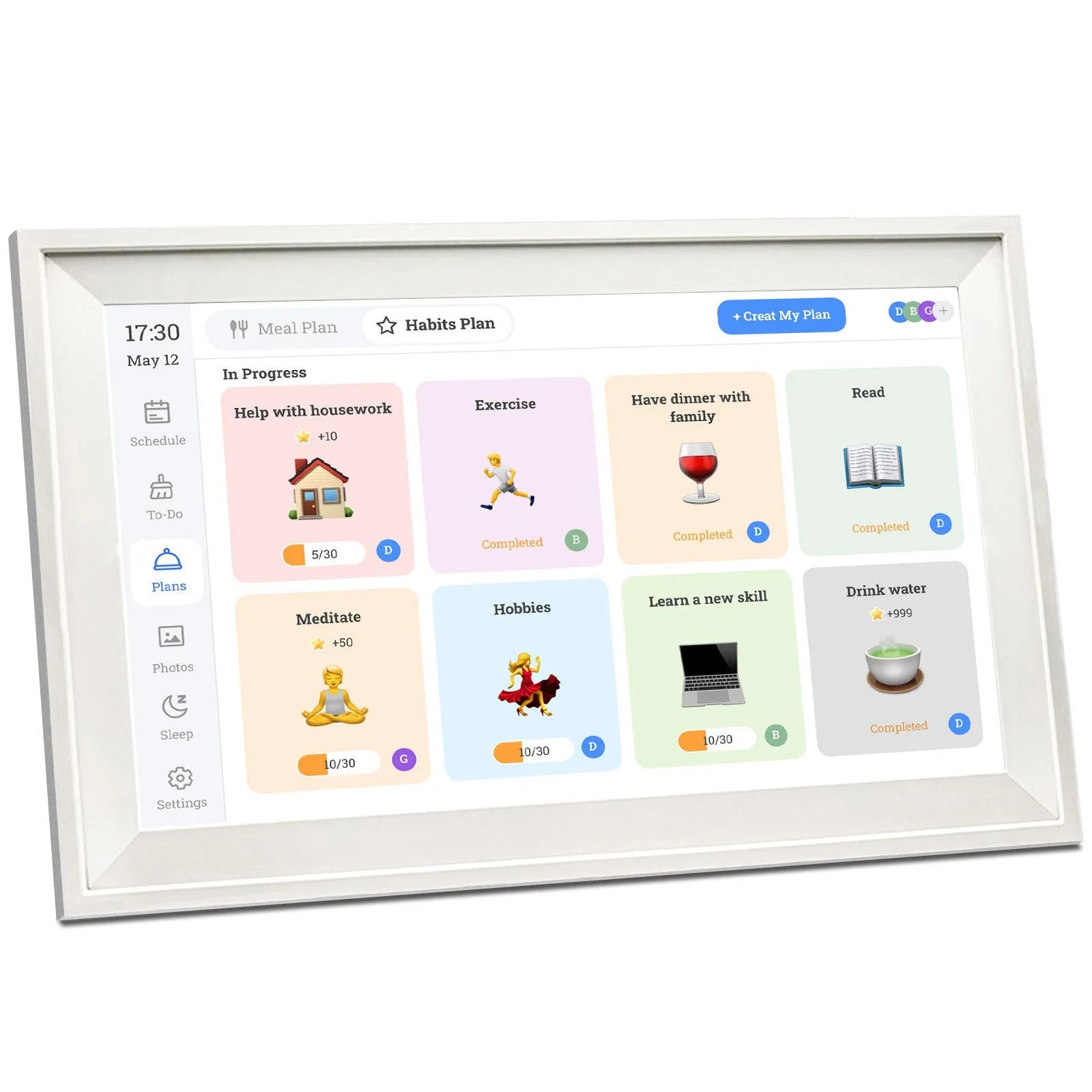 White digital photo frame with 15.6 inch screen displaying family photographs