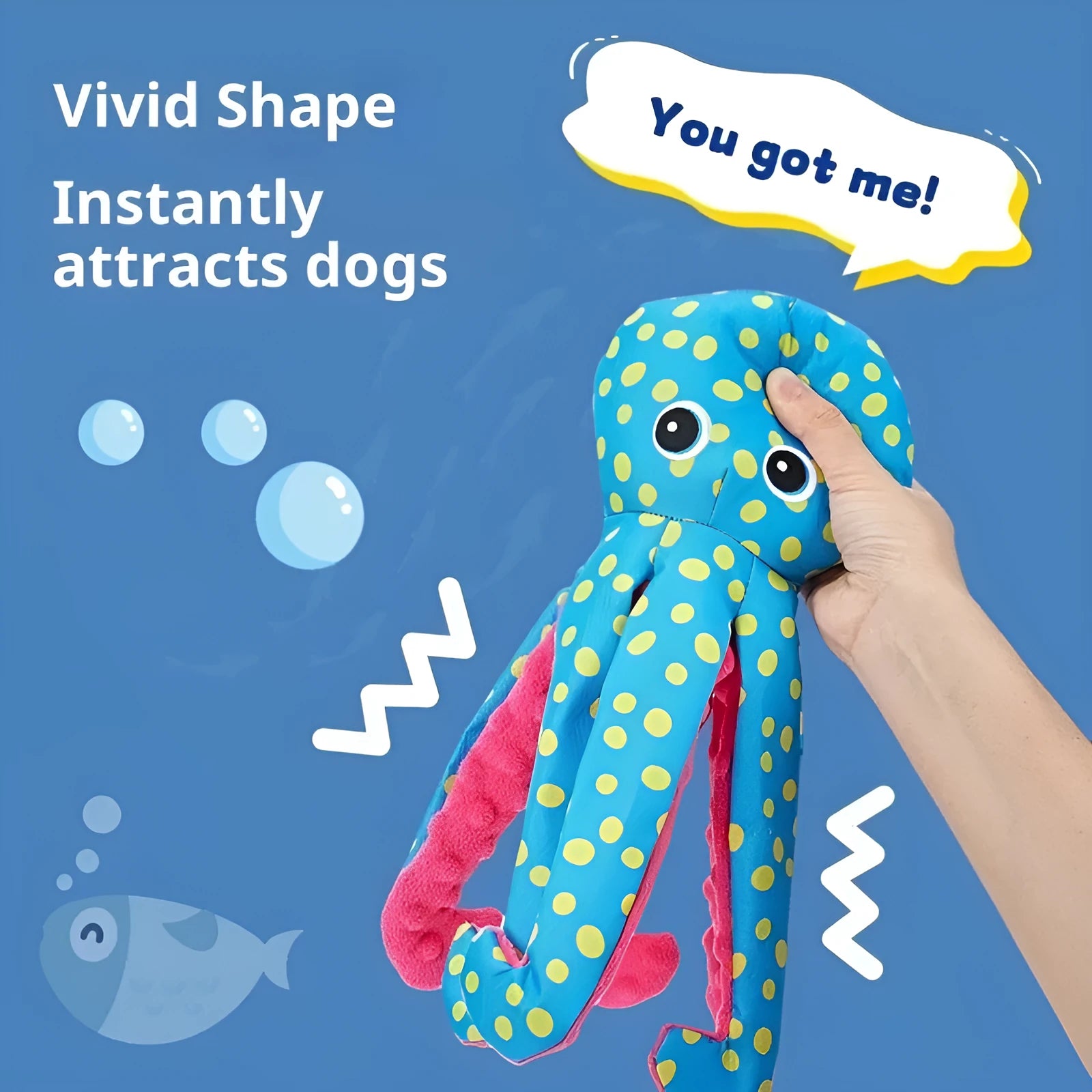 Blue canvas plush octopus print dog toy with squeaker from ocean series
