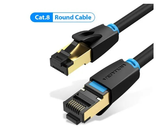 CAT8 shielded flat and round ethernet cable with RJ45 connectors for 10G gaming and home networks.