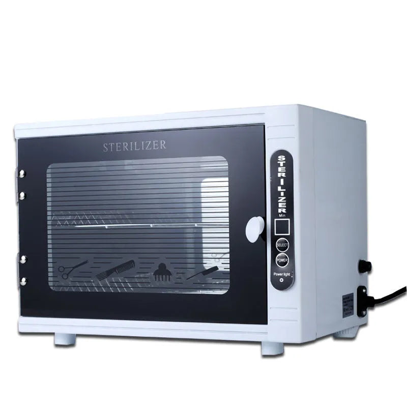 Small silver UV steriliser unit with stainless steel inner chamber for beauty tool sanitisation