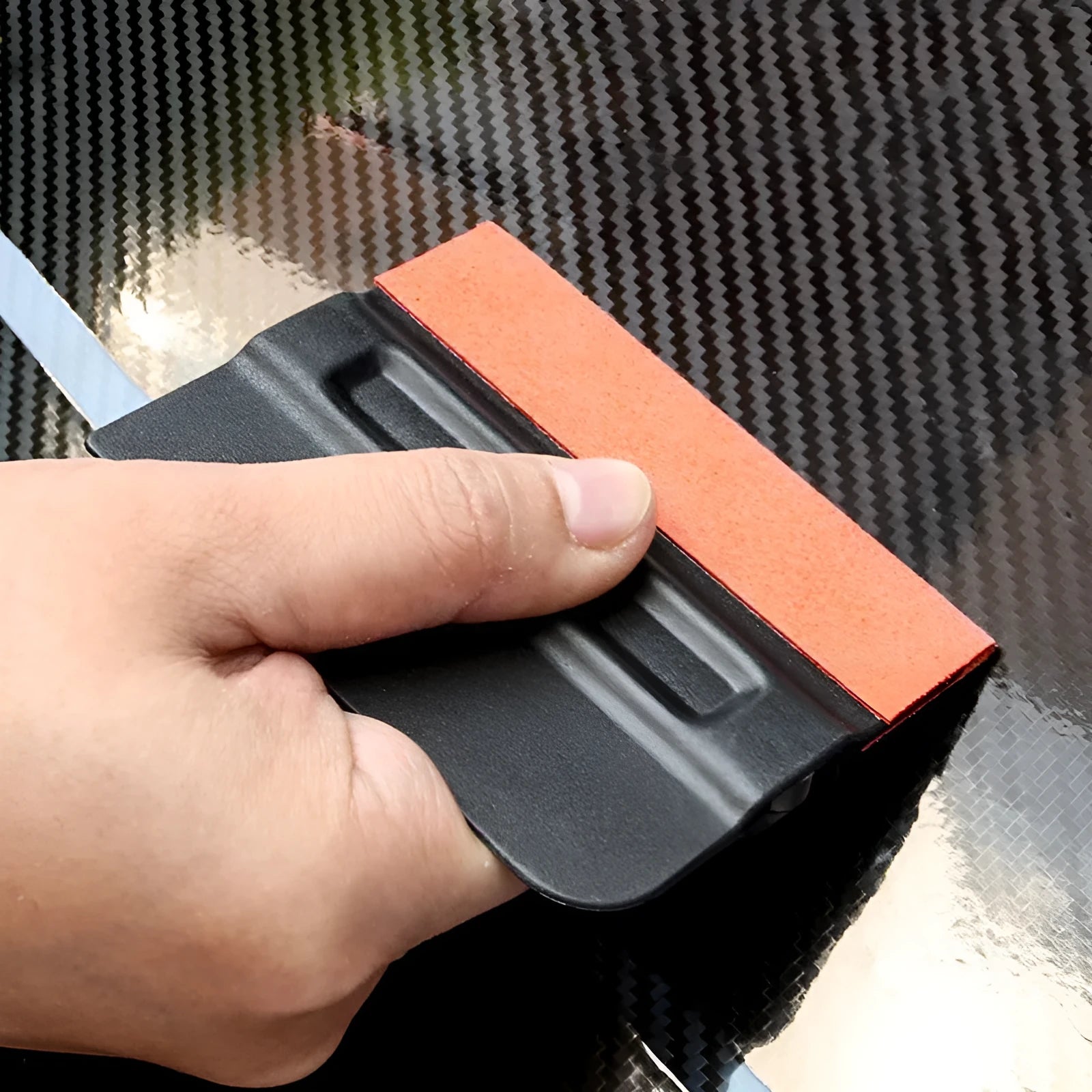 Car vinyl film scraper tool with magnetic head attachment in black and blue deerskin and wool options
