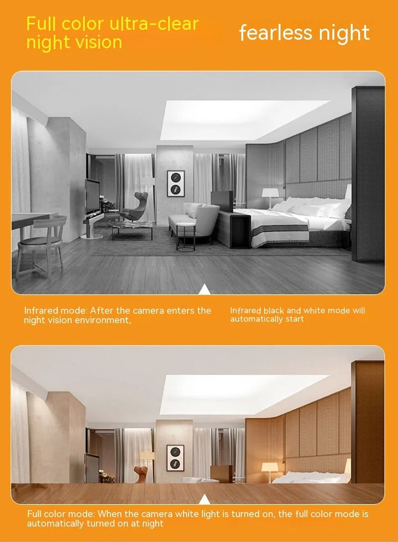 White wireless bulb security camera showing dimensions of 5cm by 12cm for indoor and outdoor use.