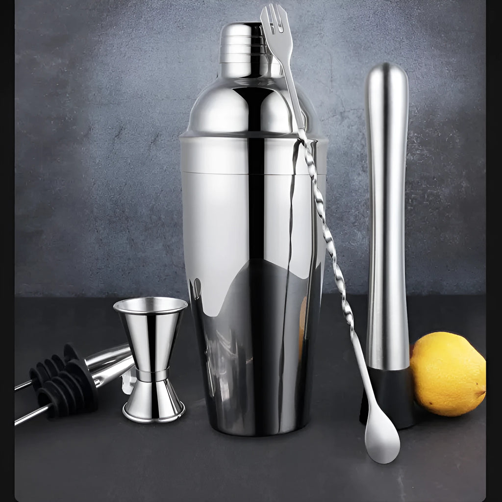 23-piece stainless steel bartender cocktail set with acrylic components on counter