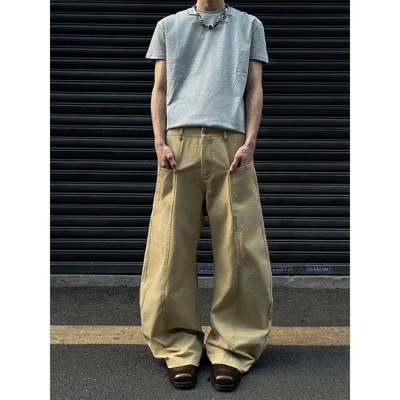 Men's khaki straight leg cotton trousers laid flat, showcasing the casual American retro style.
