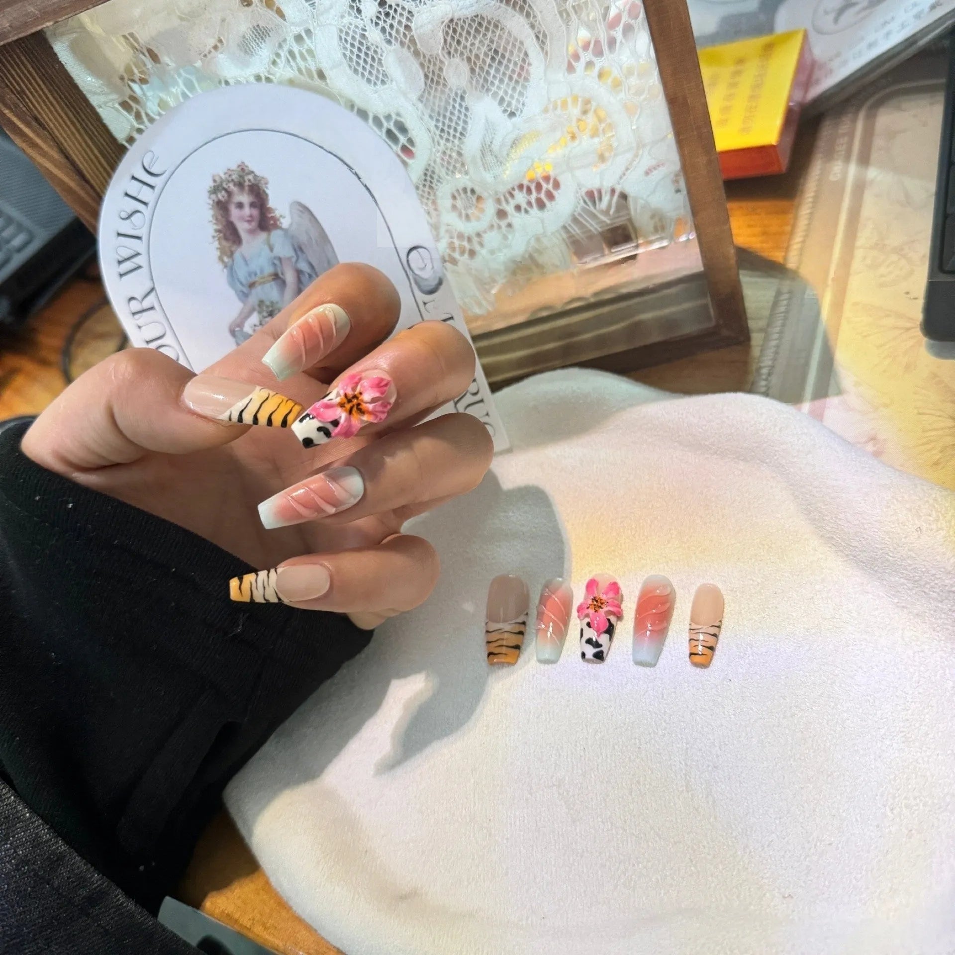 Zebra pattern Lily hand carving nail art set with embossed flower and leopard print designs