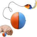 Blue and orange interactive cat toy ball with plush mouse design measuring 8.5cm diameter