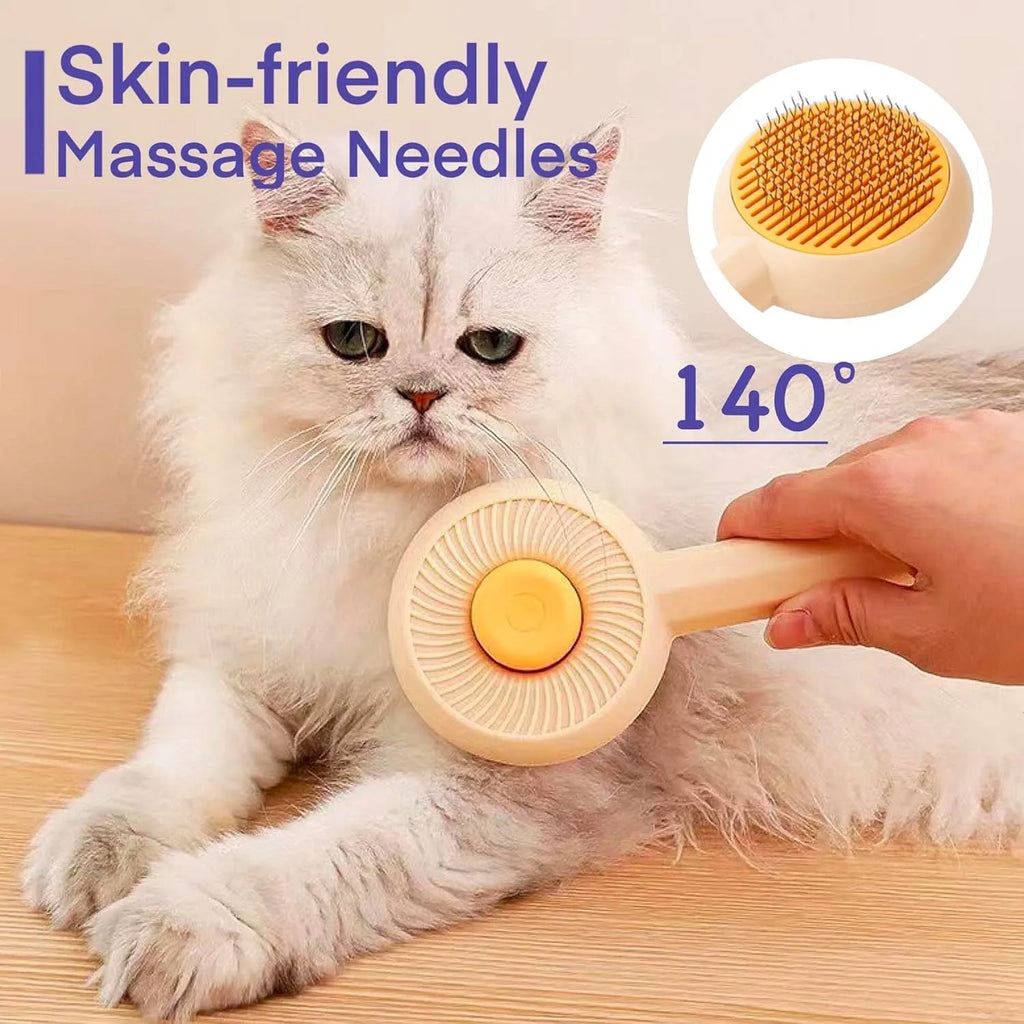 Blue pet grooming brush with metal needles and self-cleaning button for cats and dogs