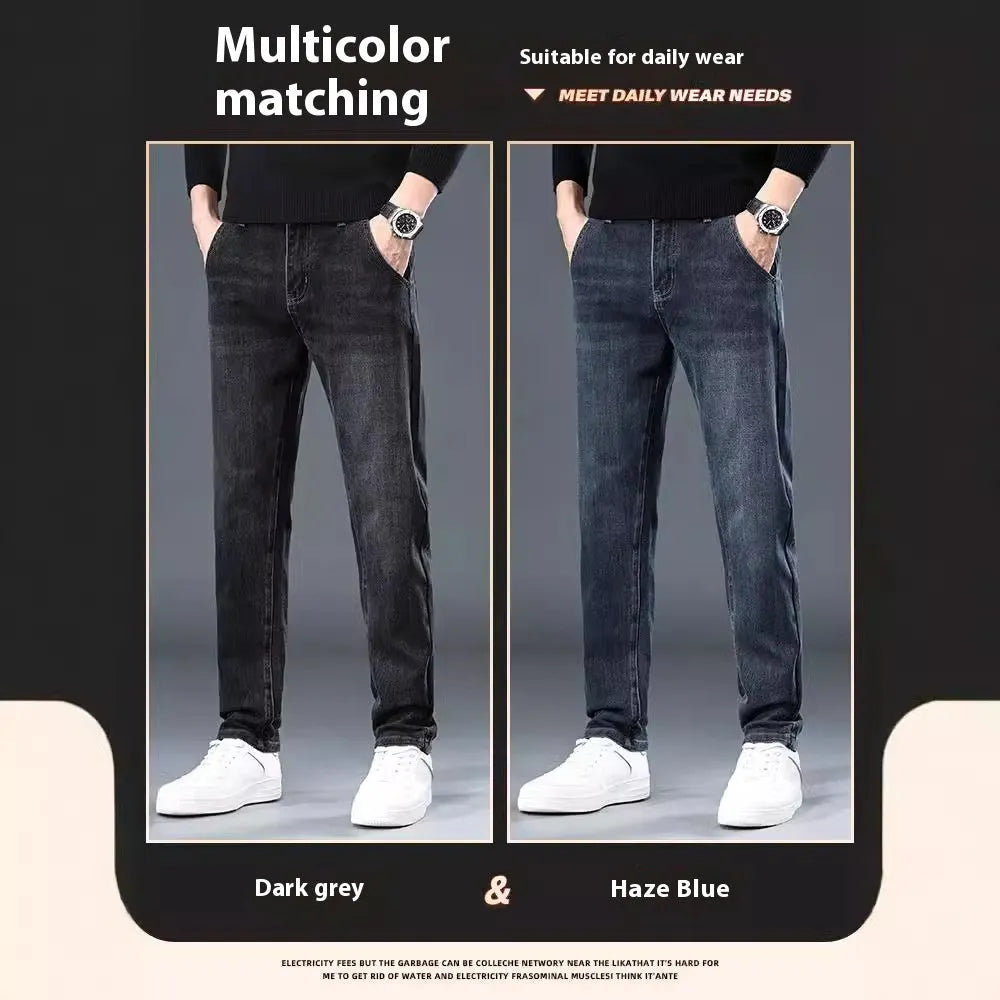 Blue grey slim straight leg casual trousers on a hanger, showing the mid-rise waist and zipper fly.