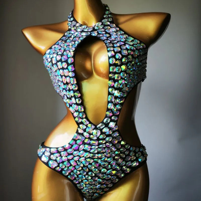 Women's one-piece mesh diamond swimsuit in nylon, shown in Army Green colour.
