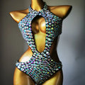 Women's one-piece mesh diamond swimsuit in nylon, shown in Army Green colour.