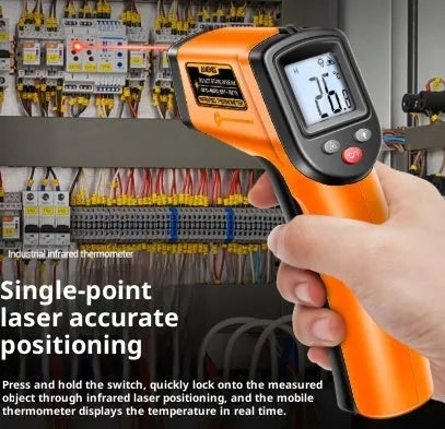 High precision infrared thermometer for industrial use, handheld device in black and orange
