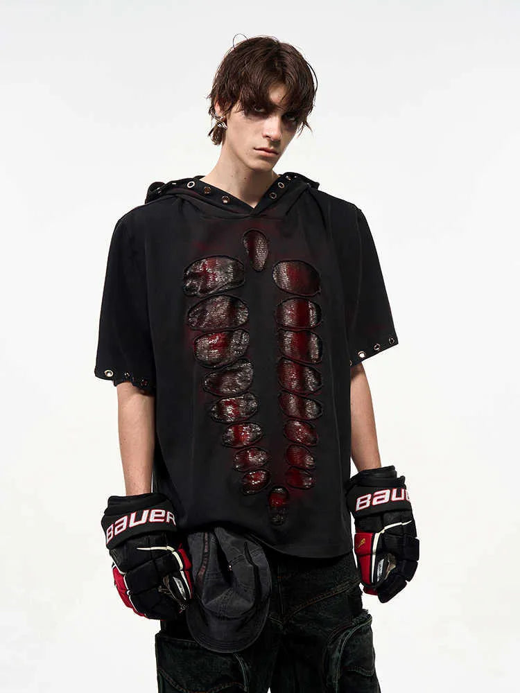 Black hooded men's T-shirt with sequenced detailing and loose fit