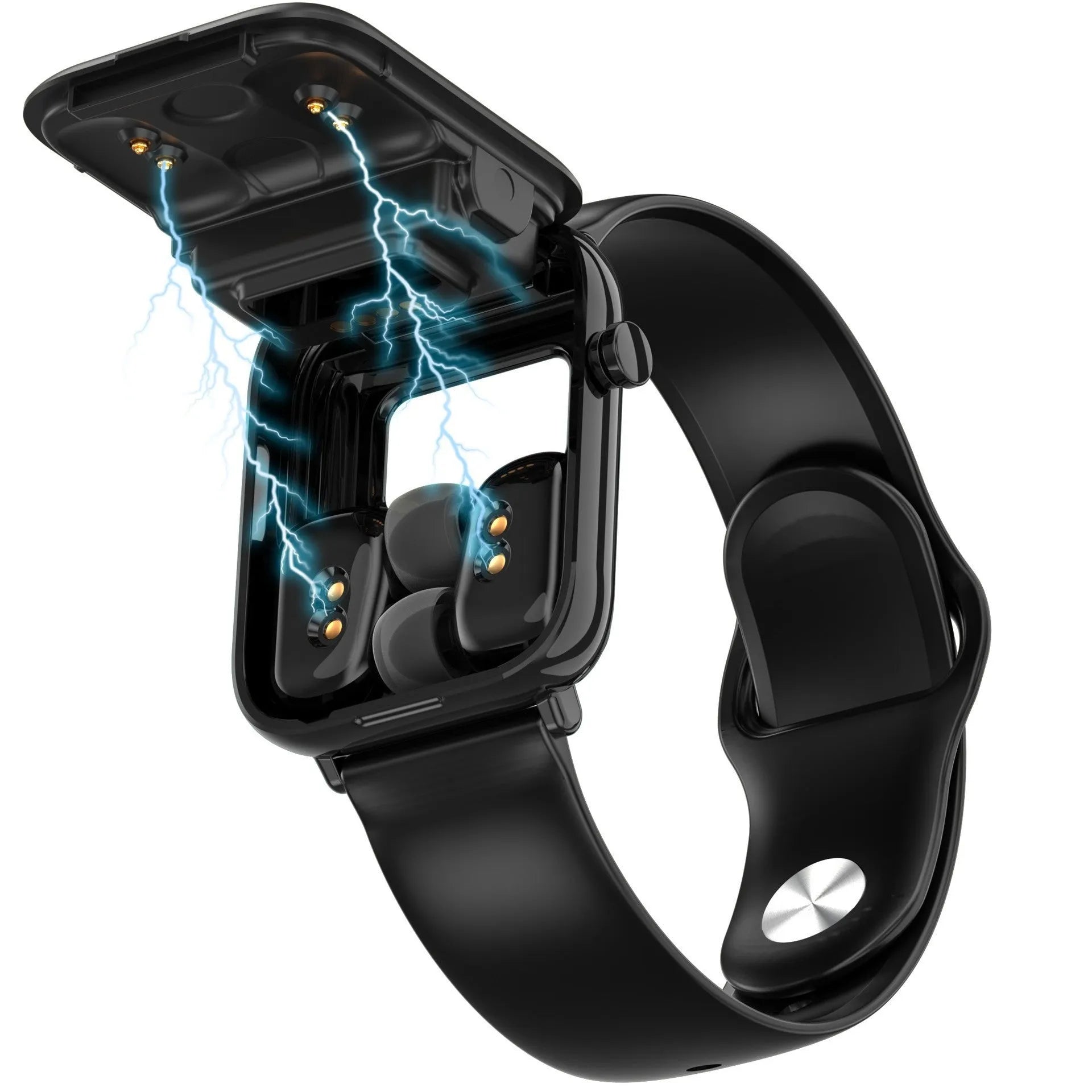 Black smartwatch with Bluetooth earbuds and charging case on a 1.69-inch touchscreen display.
