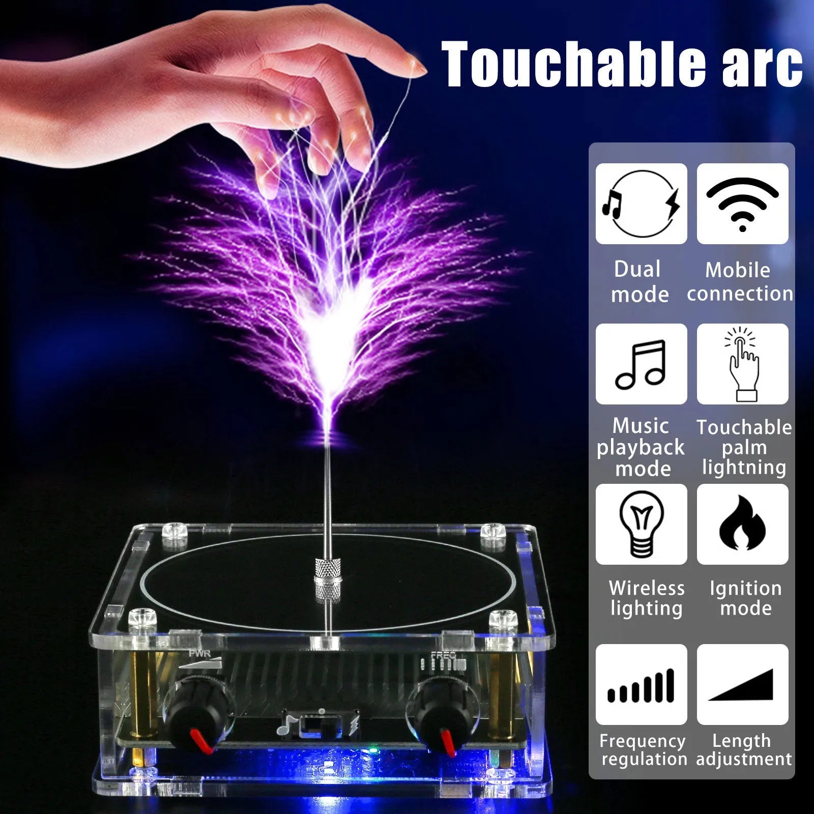 Music tesla coil with touchable arc plasma lightning on a desk next to a power supply