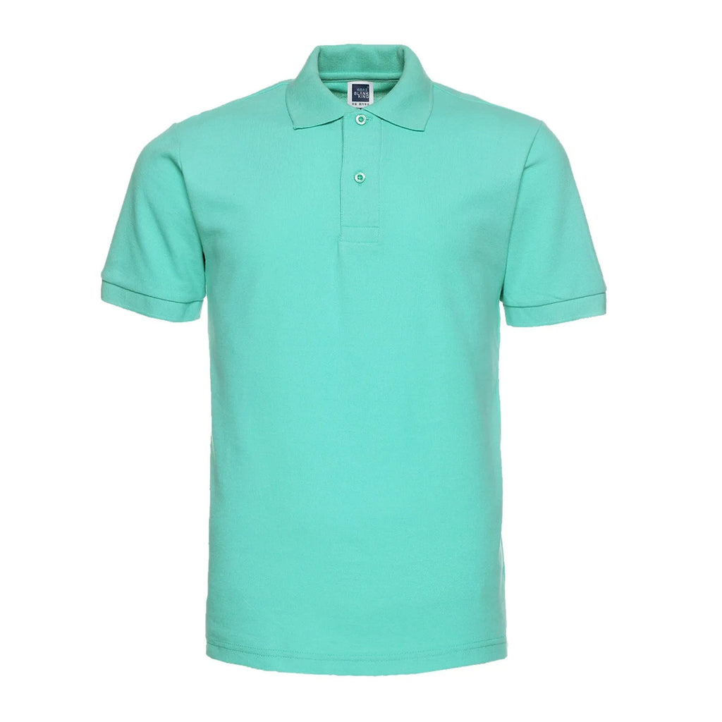 Men's solid colour short sleeve polo shirt in loose plus size fit on hanger