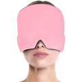 Black migraine relief hat with Lycra elastic cloth and gel pack on head model