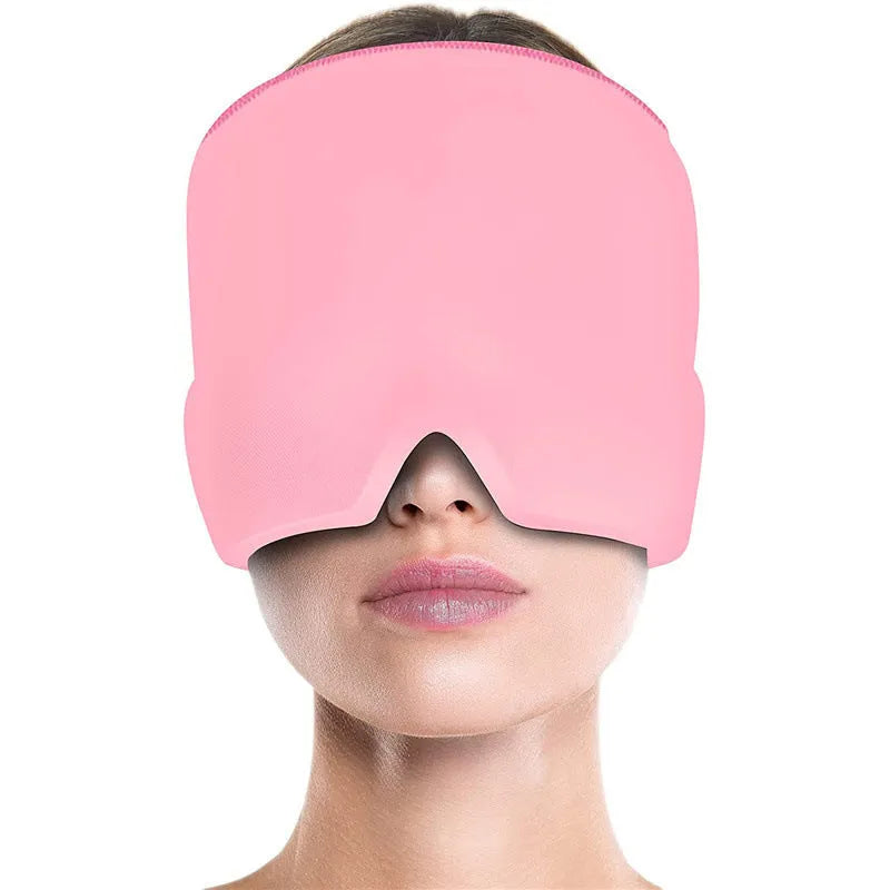 Black migraine relief hat with Lycra elastic cloth and gel pack on head model