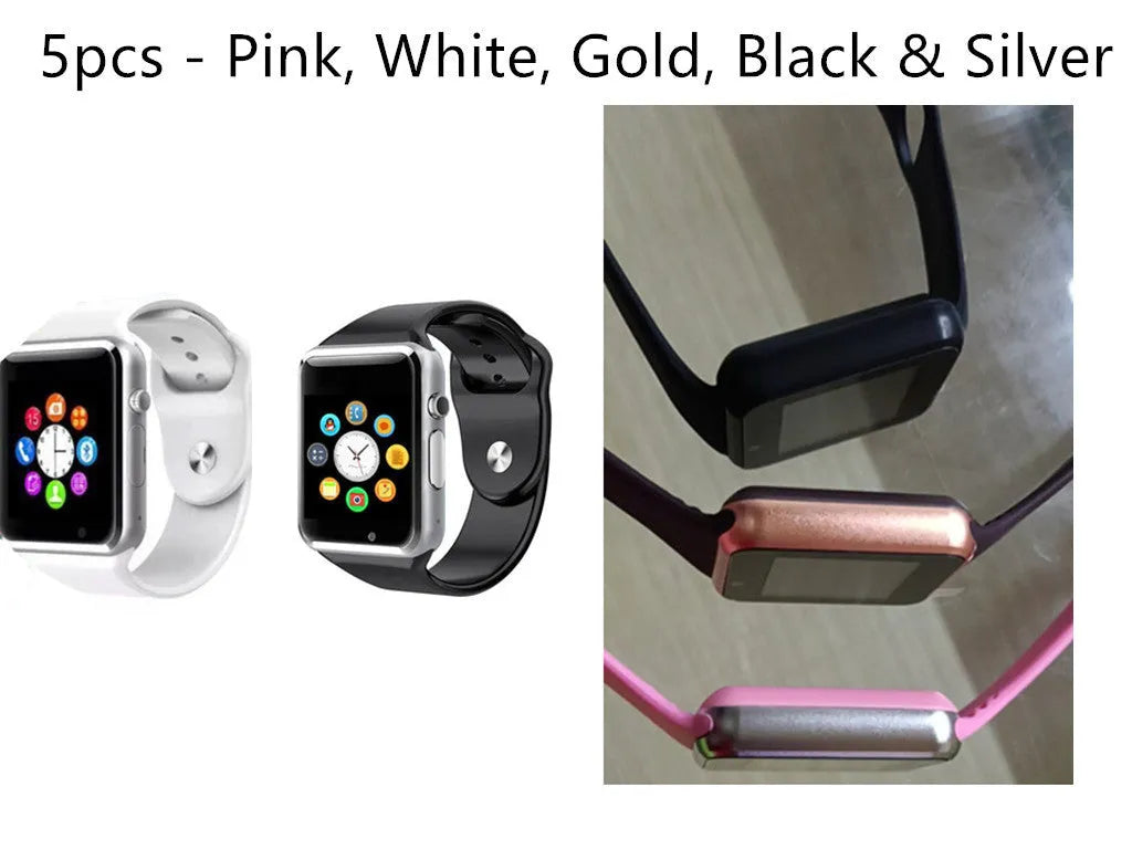 A1 Smart Watch in various colours with 1.54-inch screen, GSM SIM slot, and camera for Android phones.
