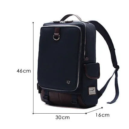 Korean-style men's Oxford cloth backpack in Army Green, showing its large capacity and dimensions.