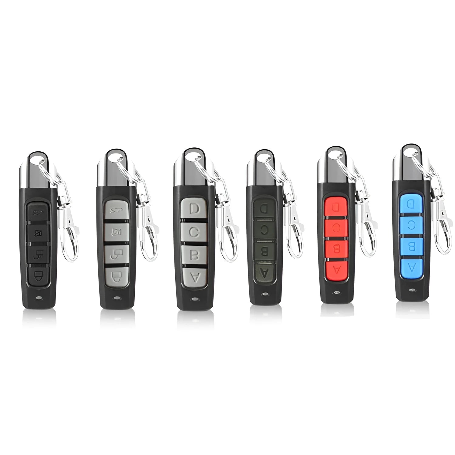 Compact 433MHz rolling door remote control in black, blue, grey, or red for DC12V systems.