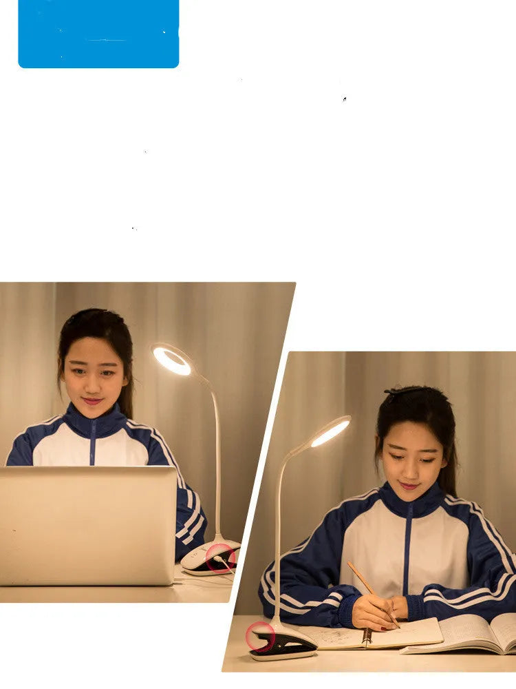 Green USB rechargeable LED desk lamp with touch control switch on a wooden table.