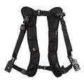 Black professional dual camera shoulder strap for SLR cameras shown on a person, highlighting thick shoulder sponge and metal connectors.