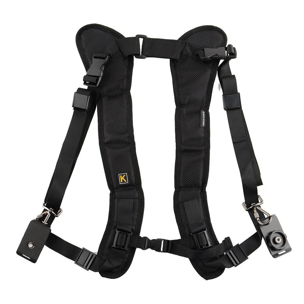 Black professional dual camera shoulder strap for SLR cameras shown on a person, highlighting thick shoulder sponge and metal connectors.
