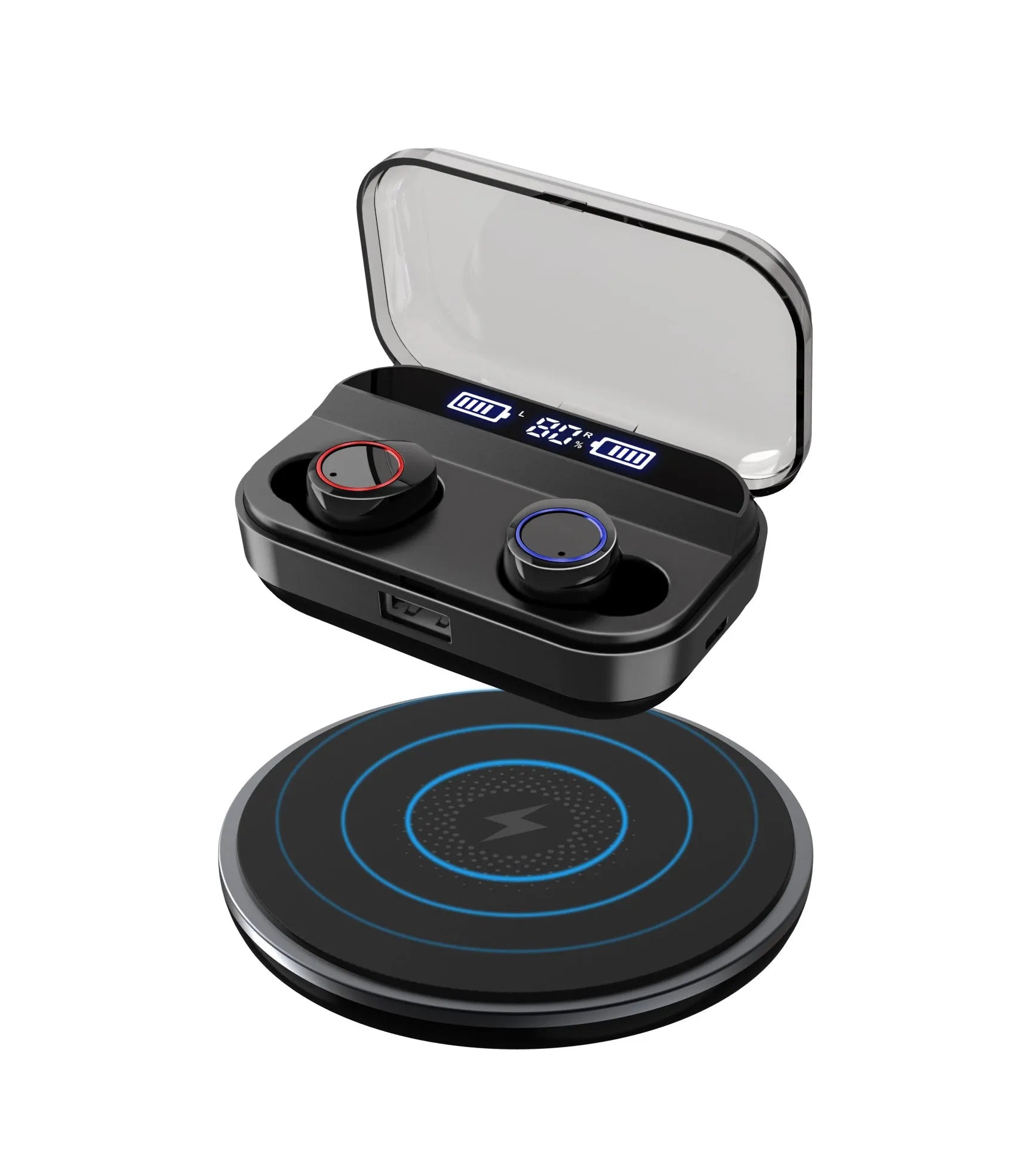 Black X11 Sky-Free wireless Bluetooth earbuds with touch controls and a white charging case.