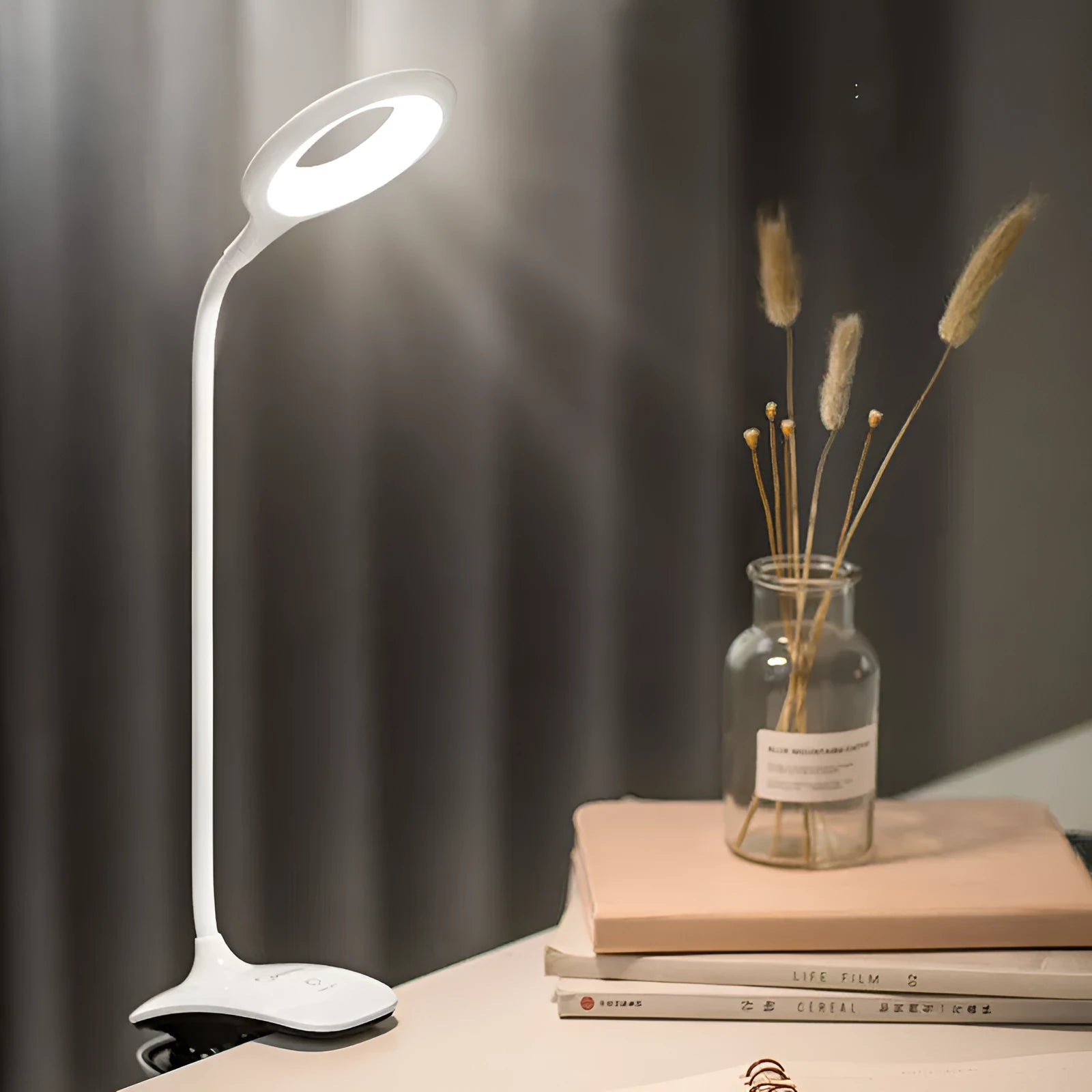 Green USB rechargeable LED desk lamp with touch control switch on a wooden table.