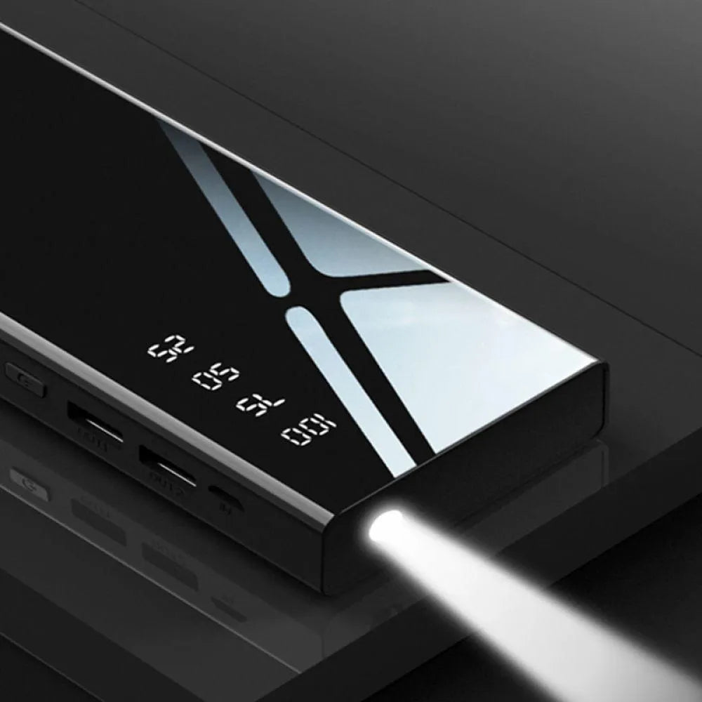 Black 20000mAh power bank with LCD percentage display showing dual USB output ports