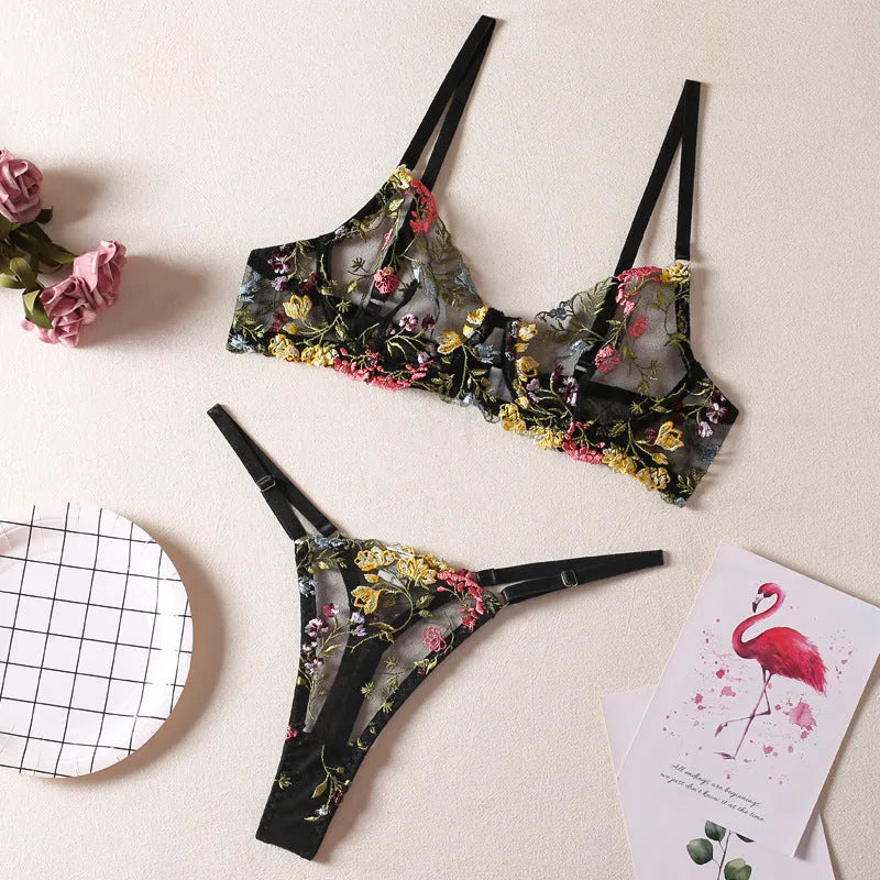 Floral single layer bra with steel ring T-back design in polyester mesh fabric