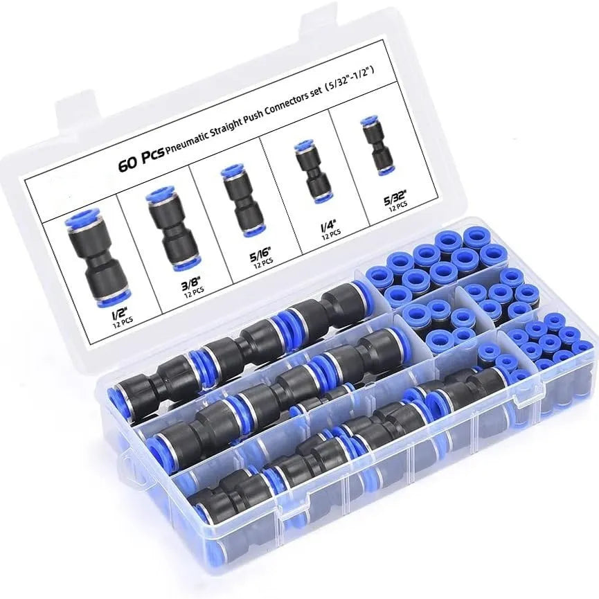 60-piece pneumatic quick connector set with push-in fittings and alloy plastic construction