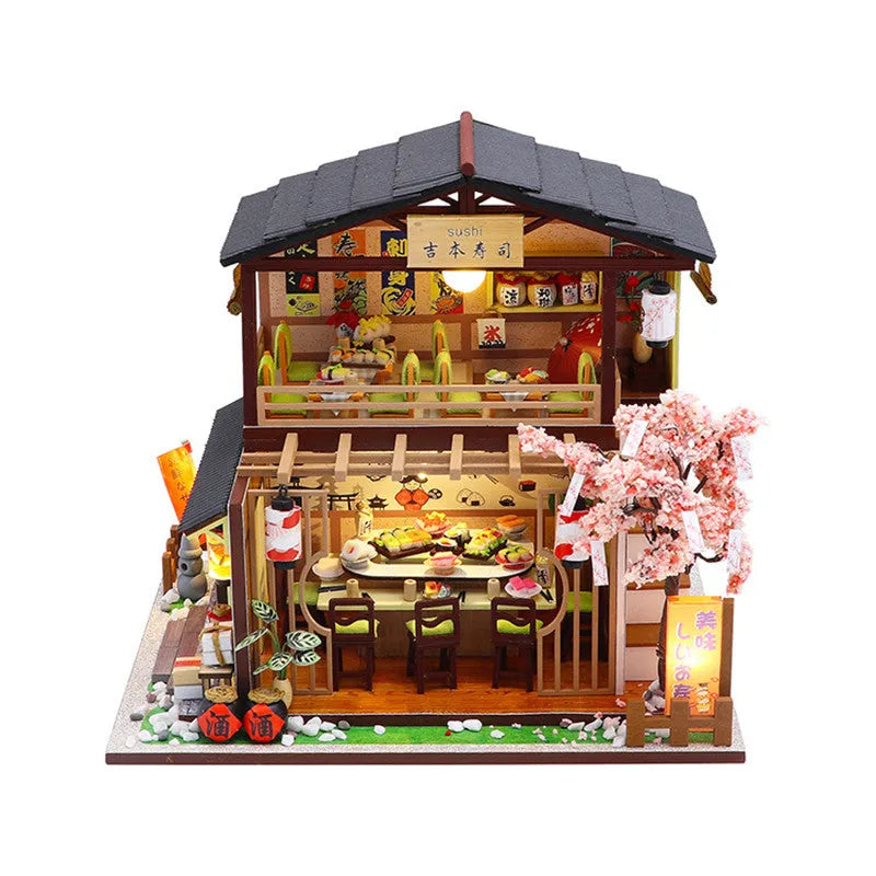 Japanese style sushi restaurant wooden building model kit with flash function, assembled on a shelf